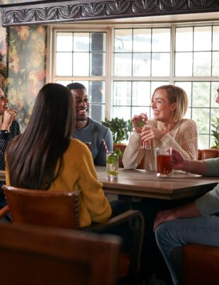 Group Of Friends Meeting For Lunchtime Drinks In Traditional English Pub