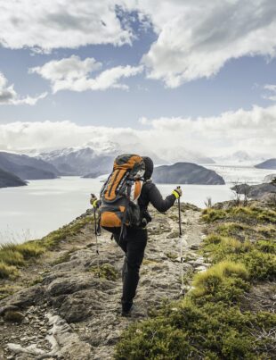 Rear view of female hiker hiking alongside Grey glacier lake, Torres del Paine National Park, Chile