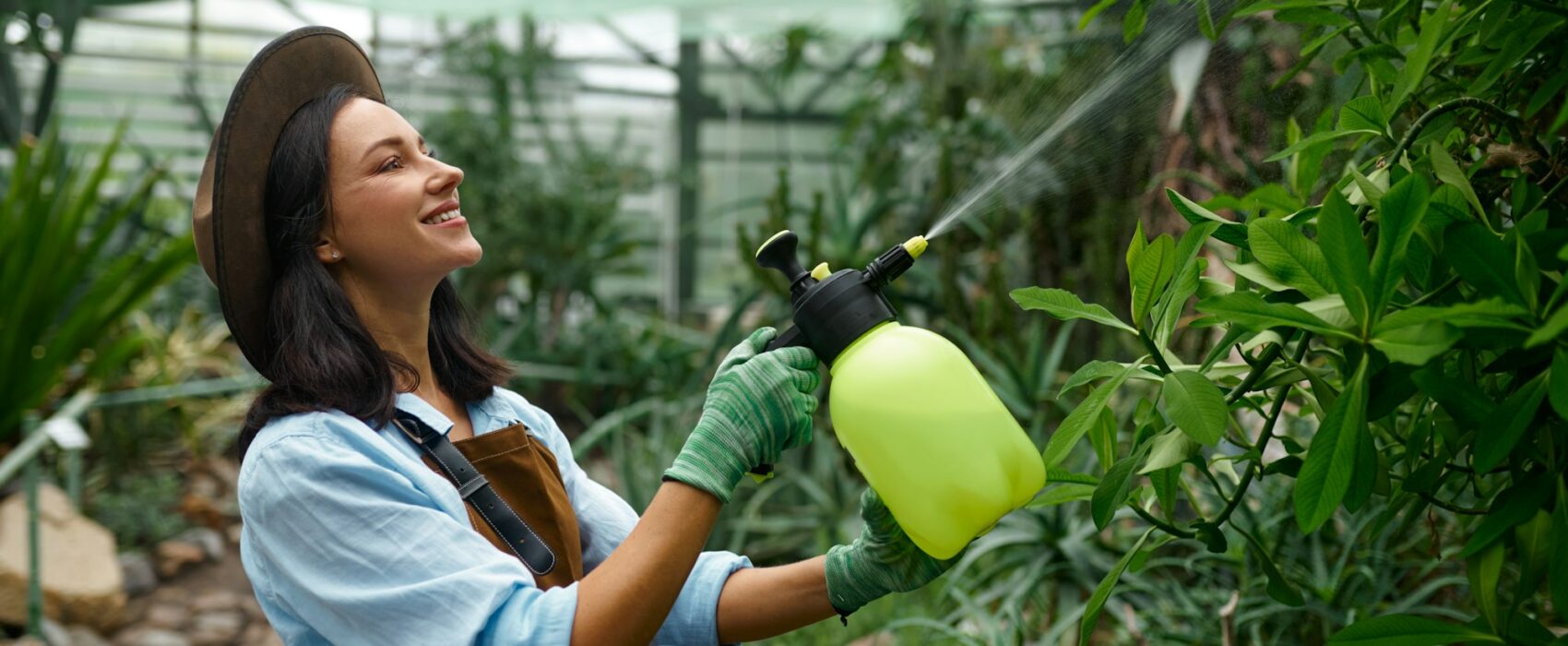 Young woman gardener caring plants treating flowers with chemicals