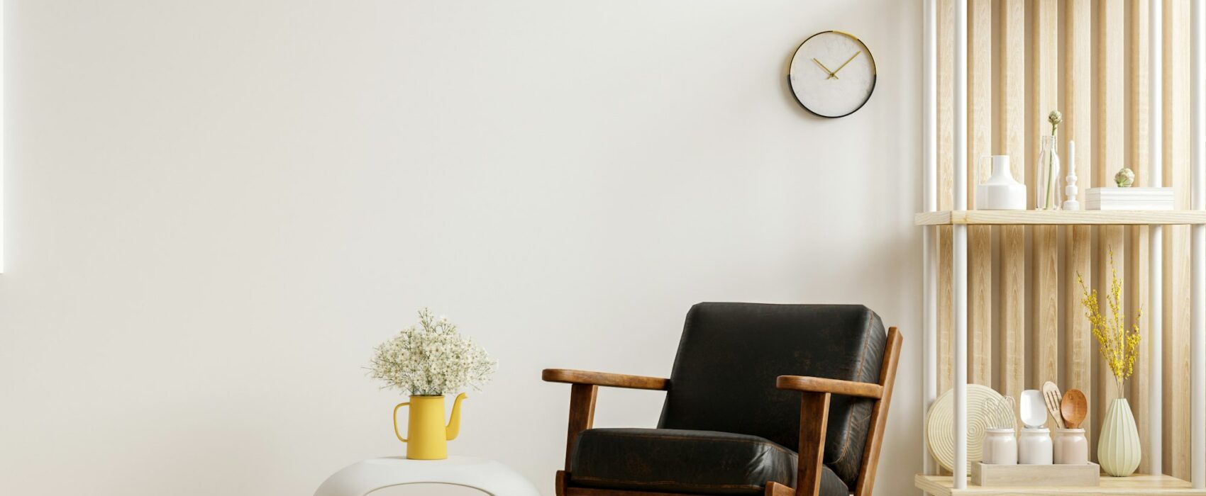 Living room have black leather armchair and decoration minimal