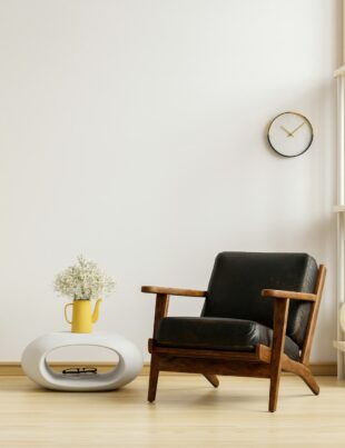 Living room have black leather armchair and decoration minimal