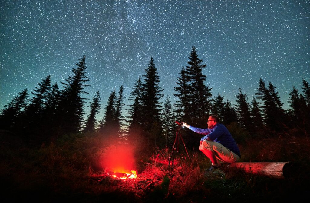 Male photographer doing photo shoot in mountains.